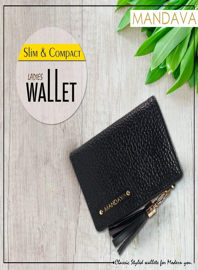 MANDAVA Women's Small Bifold PU Leather Wallet with Tussle | Ladies Slim Compact Card Holder Organizer Coin Purse (Black) - Image 5